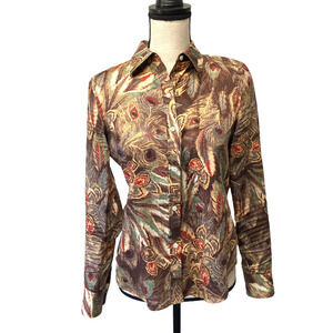Lauren Ralph Lauren Brown Multi Cotton Sateen Feather Print Shirt